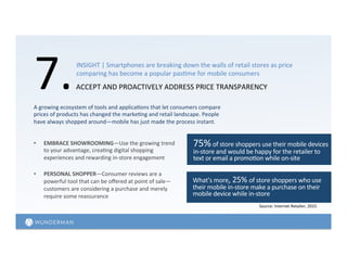 7.	
  ACCEPT	
  AND	
  PROACTIVELY	
  ADDRESS	
  PRICE	
  TRANSPARENCY	
  	
  
INSIGHT	
  |	
  Smartphones	
  are	
  breaking	
  down	
  the	
  walls	
  of	
  retail	
  stores	
  as	
  price	
  
comparing	
  has	
  become	
  a	
  popular	
  pas=me	
  for	
  mobile	
  consumers	
  	
  
A	
  growing	
  ecosystem	
  of	
  tools	
  and	
  applica=ons	
  that	
  let	
  consumers	
  compare	
  
prices	
  of	
  products	
  has	
  changed	
  the	
  marke=ng	
  and	
  retail	
  landscape.	
  People	
  
have	
  always	
  shopped	
  around—mobile	
  has	
  just	
  made	
  the	
  process	
  instant.	
  
75%	
  of	
  store	
  shoppers	
  use	
  their	
  mobile	
  devices	
  
in-­‐store	
  and	
  would	
  be	
  happy	
  for	
  the	
  retailer	
  to	
  
text	
  or	
  email	
  a	
  promo=on	
  while	
  on-­‐site	
  
Source:	
  Internet	
  Retailer,	
  2015	
  	
  
What’s	
  more,	
  25%	
  of	
  store	
  shoppers	
  who	
  use	
  
their	
  mobile	
  in-­‐store	
  make	
  a	
  purchase	
  on	
  their	
  
mobile	
  device	
  while	
  in-­‐store	
  
•  EMBRACE	
  SHOWROOMING—Use	
  the	
  growing	
  trend	
  
to	
  your	
  advantage,	
  crea=ng	
  digital	
  shopping	
  
experiences	
  and	
  rewarding	
  in-­‐store	
  engagement	
  
•  PERSONAL	
  SHOPPER—Consumer	
  reviews	
  are	
  a	
  
powerful	
  tool	
  that	
  can	
  be	
  oﬀered	
  at	
  point	
  of	
  sale—
customers	
  are	
  considering	
  a	
  purchase	
  and	
  merely	
  
require	
  some	
  reassurance	
  
 