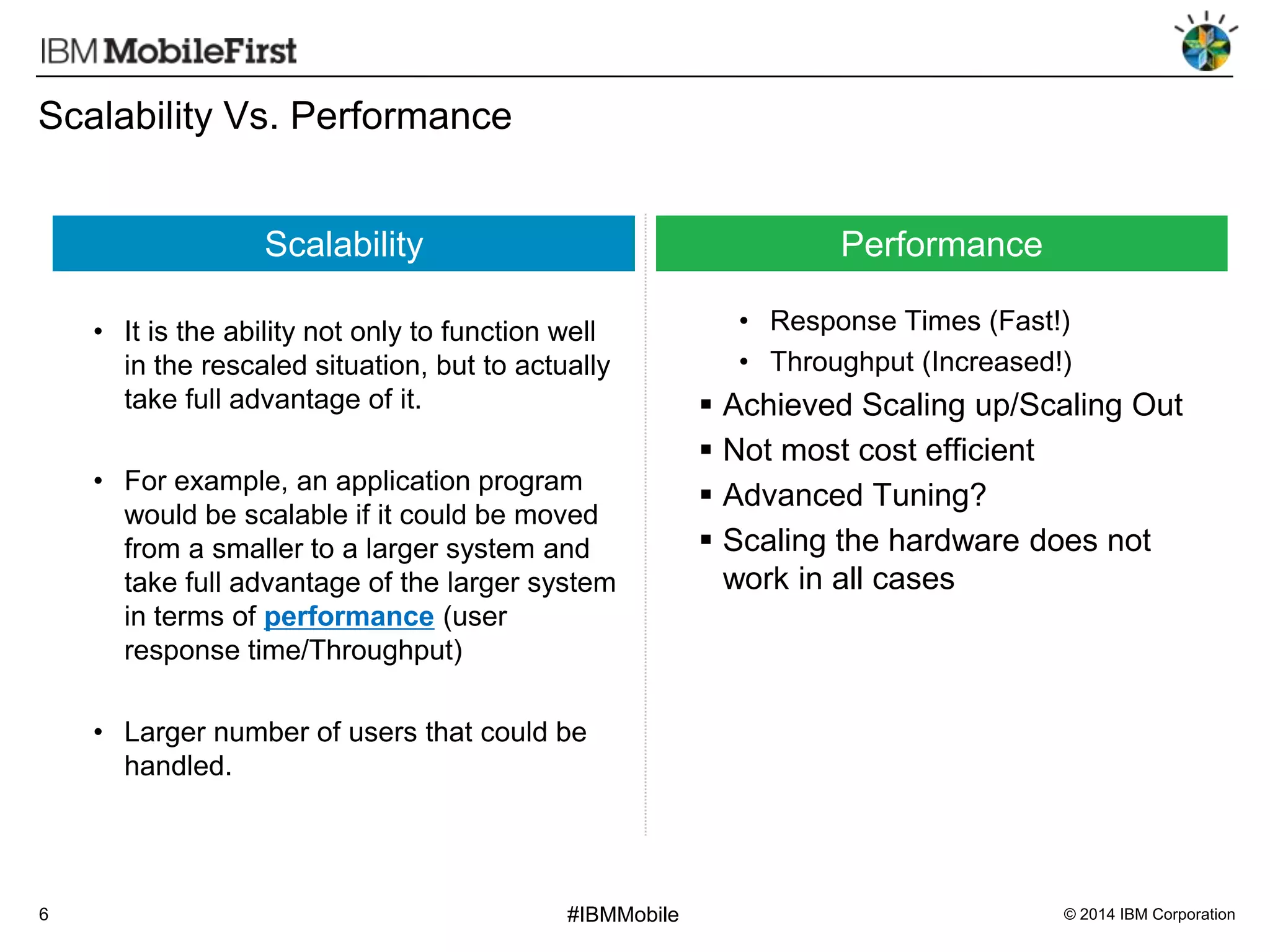 Scalability Vs. Performance
Scalability

Performance

• It is the ability not only to function well
in the rescaled situation, but to actually
take full advantage of it.
• For example, an application program
would be scalable if it could be moved
from a smaller to a larger system and
take full advantage of the larger system
in terms of performance (user
response time/Throughput)

• Response Times (Fast!)
• Throughput (Increased!)






Achieved Scaling up/Scaling Out
Not most cost efficient
Advanced Tuning?
Scaling the hardware does not
work in all cases

• Larger number of users that could be
handled.

6

#IBMMobile

© 2014 IBM Corporation

 