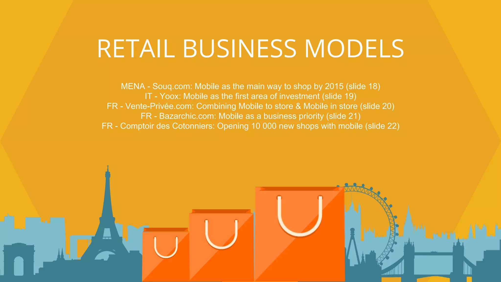 INTERNAL: Google Confidential and Proprietary
RETAIL BUSINESS MODELS
MENA - Souq.com: Mobile as the main way to shop by 2015 (slide 18)
IT - Yoox: Mobile as the first area of investment (slide 19)
FR - Vente-Privée.com: Combining Mobile to store & Mobile in store (slide 20)
FR - Bazarchic.com: Mobile as a business priority (slide 21)
FR - Comptoir des Cotonniers: Opening 10 000 new shops with mobile (slide 22)
 