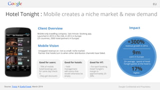 Google Confidential and Proprietary
Client Overview
Mobile-only travelling company : last minute booking app.
Launched in 2010 in the USA, in 2012 in Europe
(25 countries, 2000 hotel partners in Europe)
Mobile Vision
Untapped revenue on -not so small- niche market:
Partner that hotels turn to when other distribution channels have failed.
Good for users:
- 70% of mobile
hotel bookings are
for same day check-
in
- they get discounts
Good for hotels:
- Yield
management:
sell rooms that
would otherwise be
empty
Good for HT:
- For each booking,
Hotel Tonight’s
margin is
approximately 20-
30%.
Impact
Hotel Tonight : Mobile creates a niche market & new demand
+300%
revenue growth in 2013.
9m
users in Europe.
On average, spend of Hotel
Tonight guests at the hotel is
17%
higher.
Source: Tnooz & EyeforTravel, March 2014
EU
 