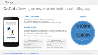 Google Confidential and Proprietary
GetTaxi : Growing on new market: mobile taxi hailing app
Client Overview
Car hailing app launched in 2009 by an Israeli startup.
One of Uber’s most prominent competitors
Operates in 24 cities, with a strong presence in IL, RU & in London
Mobile Vision
Increase revenue & market share thanks to a successful fundraise of $57m
“It might be that for the first time, people are starting to realize how big this
type of business is “ (Shahar Waiser, CEO).
Differentiation with other mobile taxi hailing apps:
Impact
IL
$100m
app revenue in 2013
$500m
of revenue expected in
2015.
Source: The Wall Street Journal blog, June 2014, Huffington Post
Business Model:
They vary according the country:
-monthly dispatch fees
-per ride fee
-fees for corporate rides
-splitting taxi with other users
User experience:
-user can book a cab in advance
-fares are based on a fixed-price
system
-provides full details on the
driver, with customer ratings
 