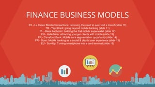INTERNAL: Google Confidential and Proprietary
ES - La Caixa: Mobile transactions: removing the need to ever visit a branch(slide 10)
TR - Yapi Kredi: going beyond mobile banking (slide 11)
PL - Bank Zachodni: building the first mobile superwallet (slide 12)
EU - HelloBank: attracting younger clients with mobile (slide 13)
FR - Carrefour Bank: Mobile as a segmentation opportunity (slide 14)
FR - Soon: Mobile banking as a social & playful user experience (slide 15)
EU - SumUp: Turning smartphone into a card terminal (slide 16)
FINANCE BUSINESS MODELS
 