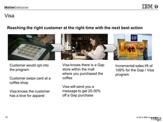 © 2012 IBM Corporation10
Customer would opt into
the program
Customer swipe card at a
coffee shop
Visa knows the customer
has a love for apparel
Incremental sales lift of
109% for the Gap / Visa
program
Visa knows there is a Gap
store within the mall
where you purchased the
coffee
Visa will send you a
message to get 20-30%
off a Gap purchase
Visa
11fig2
Reaching the right customer at the right time with the next best action
 