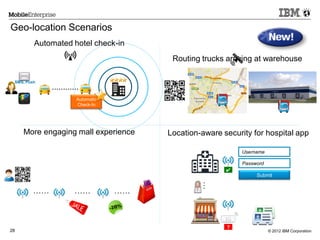 © 2012 IBM Corporation28
Geo-location Scenarios
Routing trucks arriving at warehouse
Location-aware security for hospital app
Username
Password
Submit
✔
?
Automatic
Check-In
............
…
…… …… ……
Automated hotel check-in
More engaging mall experience
SMS, Push
 