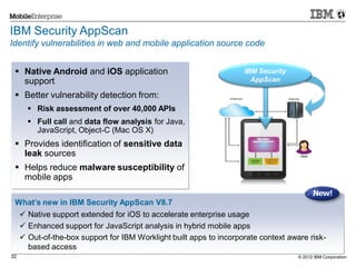 © 2012 IBM Corporation32
IBM Security
AppScan
IBM Security AppScan
Identify vulnerabilities in web and mobile application source code
 Native Android and iOS application
support
 Better vulnerability detection from:
 Risk assessment of over 40,000 APIs
 Full call and data flow analysis for Java,
JavaScript, Object-C (Mac OS X)
 Provides identification of sensitive data
leak sources
 Helps reduce malware susceptibility of
mobile apps
What’s new in IBM Security AppScan V8.7
 Native support extended for iOS to accelerate enterprise usage
 Enhanced support for JavaScript analysis in hybrid mobile apps
 Out-of-the-box support for IBM Worklight built apps to incorporate context aware risk-
based access
 