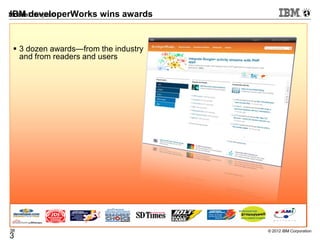© 2012 IBM Corporation38
3
IBM developerWorks wins awards
 3 dozen awards—from the industry
and from readers and users
 