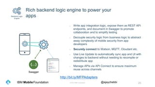 © 2016 IBM Corporation 20Foundation @ajaychebbiIBM Mobile
Rich backend logic engine to power your
apps
- Write app business logic, expose them as REST API
endpoints, and document in Swagger to promote
collaboration and to simplify testing
- Decouple security logic from business logic to abstract
away complexity of mobile security from app
developers
- Code in Java or Javascript and run it in scalable
enterprise-grade clusters
- Use Live Update to automatically sync app and UI with
changes to backend without needing to recompile or
redistribute app
- Manage APIs via API Connect to ensure maximum
reuse across channels
Backend Logic
Engine
{…}
Swagger
http://bit.ly/MFPAdapters
 