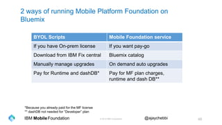 © 2016 IBM Corporation 48Foundation @ajaychebbiIBM Mobile
2 ways of running Mobile Platform Foundation on
Bluemix
BYOL Scripts Mobile Foundation service
If you have On-prem license If you want pay-go
Download from IBM Fix central Bluemix catalog
Manually manage upgrades On demand auto upgrades
Pay for Runtime and dashDB* Pay for MF plan charges,
runtime and dash DB**
*Because you already paid for the MF license
** dashDB not needed for “Developer” plan
 