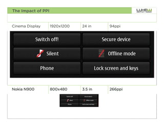 The Impact of PPI


Cinema Display      1920x1200   24 in    94ppi




Nokia N900          800x480     3.5 in   266ppi




                                                  32
 