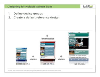 Designing for Multiple Screen Sizes

 1.  Define device groups
 2.  Create a default reference design




                                                                                      34
Source: http://mobiforge.com/designing/story/effective-design-multiple-screen-sizes
 