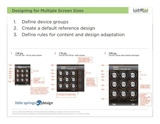 Designing for Multiple Screen Sizes

 1.  Define device groups
 2.  Create a default reference design
 3.  Define rules for content and design adaptation




Source: http://mobiforge.com/designing/story/effective-design-multiple-screen-sizes
                                                                                               35
http://www.littlespringsdesign.com/blog/blog/2009/03/11/photoshop-layout-is-not-your-friend/
 