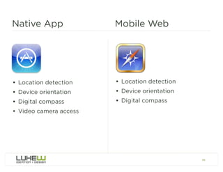 Native App              Mobile Web




• Location detection    • Location detection
• Device orientation    • Device orien...