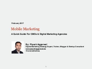 Mobile Marketing
By: Piyush Aggarwal
Digital Marketing Strategy Expert, Trainer, Blogger & Startup Consultant
www.piyushaggarwal.me
@removethelines
1
February 2017
A Quick Guide For CMOs & Digital Marketing Agencies
 