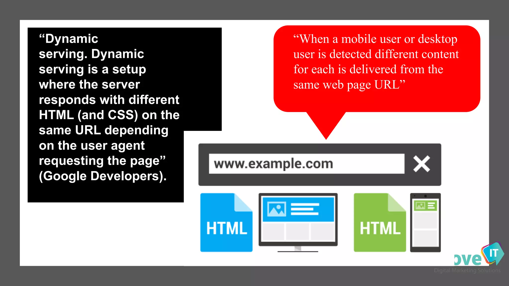 “Dynamic  
serving. Dynamic  
serving is  a  setup  
where  the  server  
responds  with  different  
HTML  (and  CSS)  on  the  
same URL depending  
on  the  user  agent  
requesting  the  page”  
(Google  Developers).
“When a mobile user or desktop
user is detected different content
for each is delivered from the
same web page URL”
 