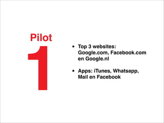 Pilot



1
        •   Top 3 websites:
            Google.com, Facebook.com
            en Google.nl

        •   Apps: iTunes, Whatsapp,
            Mail en Facebook
 