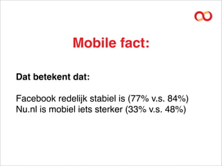 Mobile fact:

Dat betekent dat:

Facebook redelijk stabiel is (77% v.s. 84%)
Nu.nl is mobiel iets sterker (33% v.s. 48%)
 