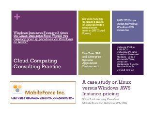 +
A case study on Linux
versus Windows AWS
Instance pricing
Shiva Badruswamy, President
MobileForce Inc, Bellevue,WA, USA
Cloud Computing
Consulting Practice
Service Package
optimized based
on MobileForce’s
proprietary
metric (MF Cloud
Power)
AWS EC2 Linux
Instances versus
Windows EC2
Instances
Use Case: SAP
and Enterprise
Systems
Application
Environment
Windows Instances Fees are 3 times
the Linux Instances Fees! Would you
develop your applications on Windows
or Linux?
Instance Profile:
AWS EC2
Instances Pricing
based on Reserved
Medium Usage,
36-month Term,
compute-
optimized, X Large
Service Bundle
US East Region
 