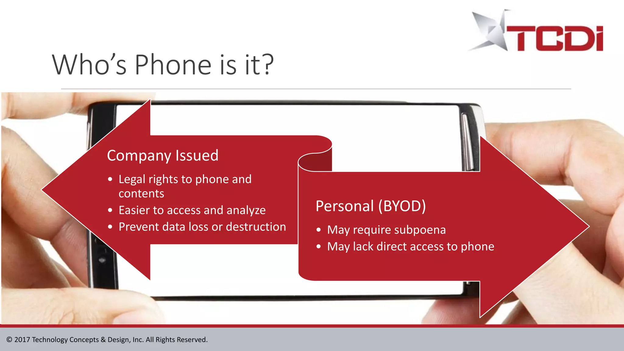 © 2017 Technology Concepts & Design, Inc. All Rights Reserved.
Who’s Phone is it?
Company Issued
• Legal rights to phone and
contents
• Easier to access and analyze
• Prevent data loss or destruction
Personal (BYOD)
• May require subpoena
• May lack direct access to phone
 