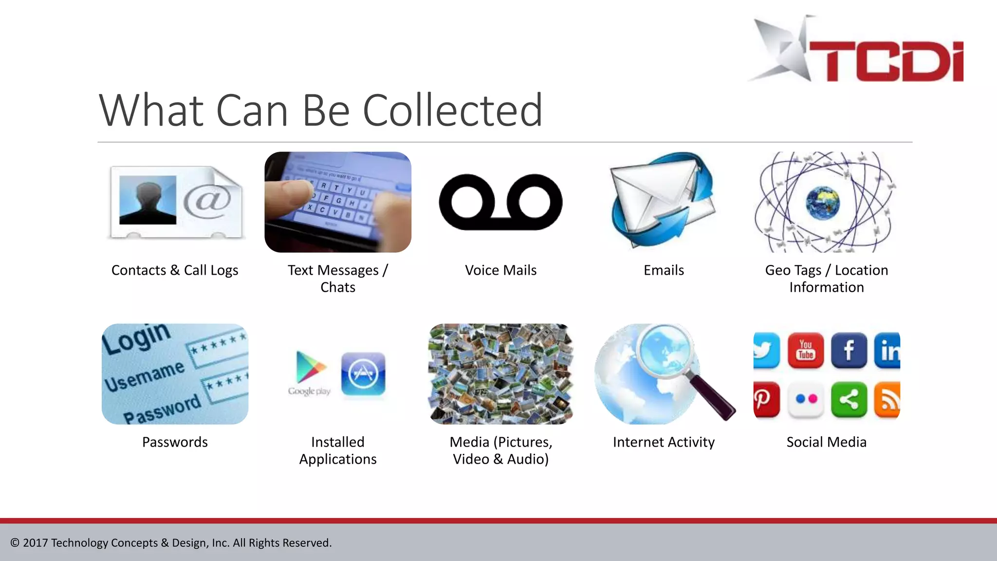 © 2017 Technology Concepts & Design, Inc. All Rights Reserved.
What Can Be Collected
Contacts & Call Logs Text Messages /
Chats
Voice Mails Emails Geo Tags / Location
Information
Passwords Installed
Applications
Media (Pictures,
Video & Audio)
Internet Activity Social Media
 