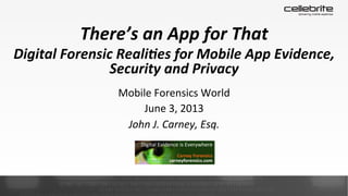 Mobile	
  Forensics	
  World	
  	
  
June	
  3,	
  2013	
  
John	
  J.	
  Carney,	
  Esq.	
  
There’s	
  an	
  App	
  for	
  That	
  	
  	
  
Digital	
  Forensic	
  Reali6es	
  for	
  Mobile	
  App	
  Evidence,	
  
Security	
  and	
  Privacy	
  
 