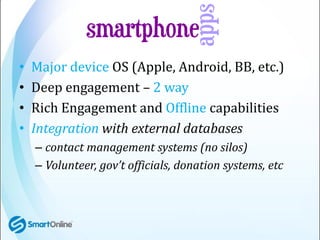 •   Major device OS (Apple, Android, BB, etc.)
•   Deep engagement – 2 way
•   Rich Engagement and Offline capabilities
• ...