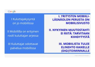 Google Confidential and Proprietary 
I Kuluttajakysyntä 
on jo mobiilissa 
II Mobiililla on erityinen 
rooli kuluttajan arjessa 
III Kuluttajat odottavat 
palvelua mobiilissa 
I. YRITYSTEN MOBIILI-LÄSNÄOLON 
PERUSTA ON 
MOBIILISIVUSTO 
II. NYKYINEN MUUTOSTAHTI 
EI RIITÄ: TARVITAAN 
KIIHDYTYSTÄ 
III. MOBIILISTA TULEE 
ELINEHTO KAIKELLE 
(DIGI)TOIMINNALLE 
 