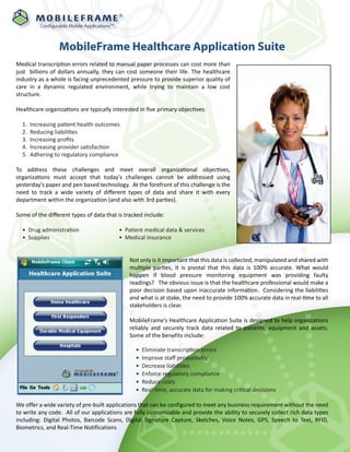 ®

          Configurable Mobile ApplicationsTM



                  MobileFrame Healthcare Application Suite
Medical transcription errors related to manual paper processes can cost more than
just billions of dollars annually, they can cost someone their life. The healthcare
industry as a whole is facing unprecedented pressure to provide superior quality of
care in a dynamic regulated environment, while trying to maintain a low cost
structure.

Healthcare organizations are typically interested in ﬁve primary objectives:

  1.   Increasing patient health outcomes
  2.   Reducing liabilities
  3.   Increasing proﬁts
  4.   Increasing provider satisfaction
  5.   Adhering to regulatory compliance

To address these challenges and meet overall organizational objectives,
organizations must accept that today's challenges cannot be addressed using
yesterday's paper and pen based technology. At the forefront of this challenge is the
need to track a wide variety of diﬀerent types of data and share it with every
department within the organization (and also with 3rd parties).

Some of the diﬀerent types of data that is tracked include:

  • Drug administration                        • Patient medical data & services
  • Supplies                                   • Medical insurance


                                                   Not only is it important that this data is collected, manipulated and shared with
                                                   multiple parties, it is pivotal that this data is 100% accurate. What would
                                                   happen if blood pressure monitoring equipment was providing faulty
                                                   readings? The obvious issue is that the healthcare professional would make a
                                                   poor decision based upon inaccurate information. Considering the liabilities
                                                   and what is at stake, the need to provide 100% accurate data in real-time to all
                                                   stakeholders is clear.

                                                   MobileFrame’s Healthcare Application Suite is designed to help organizations
                                                   reliably and securely track data related to patients, equipment and assets.
                                                   Some of the benefits include:

                                                     •   Eliminate transcription errors
                                                     •   Improve staﬀ productivity
                                                     •   Decrease liabilities
                                                     •   Enforce regulatory compliance
                                                     •   Reduce costs
                                                     •   Real-time, accurate data for making critical decisions

We offer a wide variety of pre-built applications that can be configured to meet any business requirement without the need
to write any code. All of our applications are fully customizable and provide the ability to securely collect rich data types
including: Digital Photos, Barcode Scans, Digital Signature Capture, Sketches, Voice Notes, GPS, Speech to Text, RFID,
Biometrics, and Real-Time Notifications
 