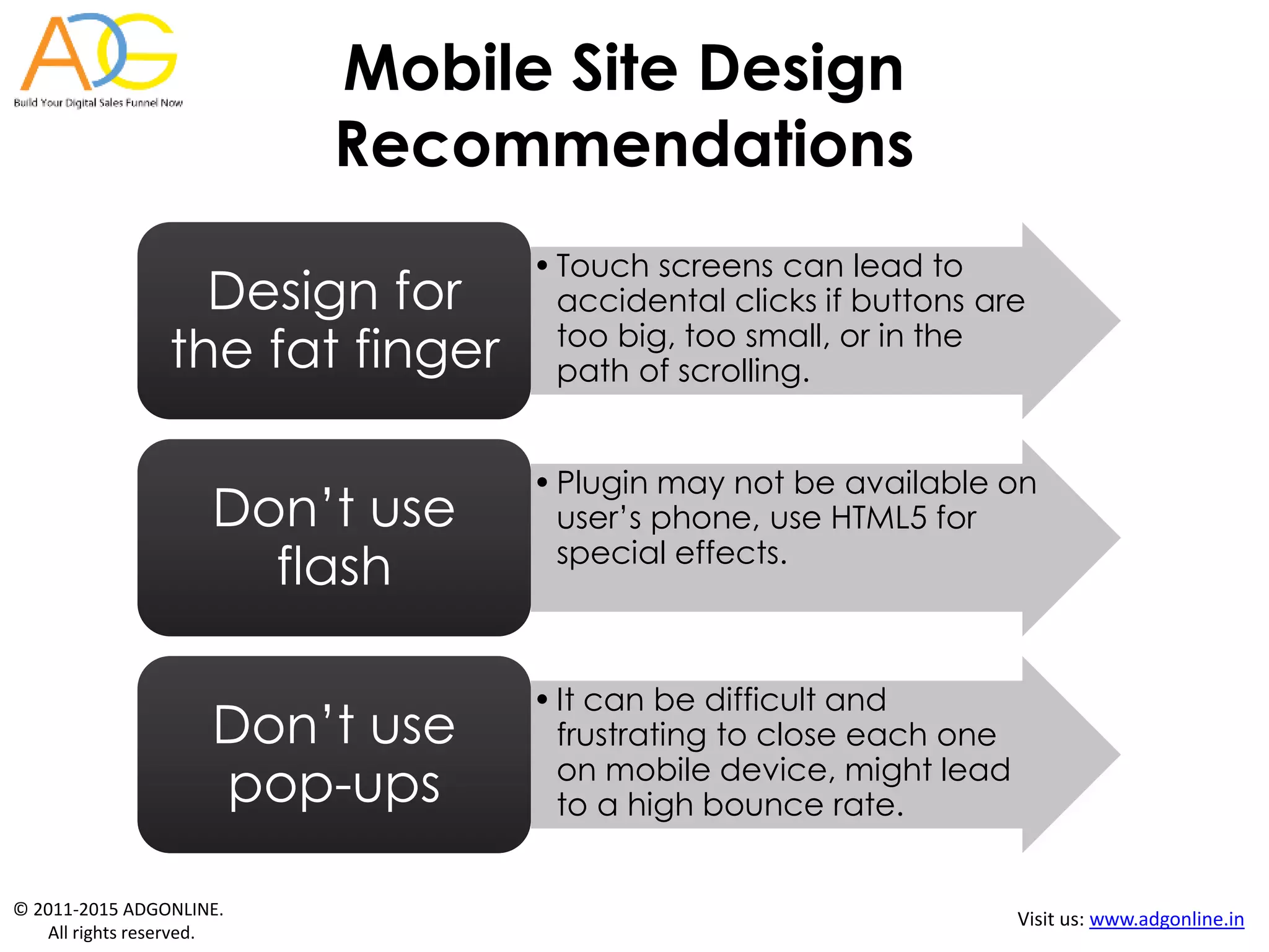 © 2011-2015 ADGONLINE.
All rights reserved.
Visit us: www.adgonline.in
Mobile Site Design
Recommendations
•Touch screens can lead to
accidental clicks if buttons are
too big, too small, or in the
path of scrolling.
Design for
the fat finger
•Plugin may not be available on
user’s phone, use HTML5 for
special effects.
Don’t use
flash
•It can be difficult and
frustrating to close each one
on mobile device, might lead
to a high bounce rate.
Don’t use
pop-ups
 