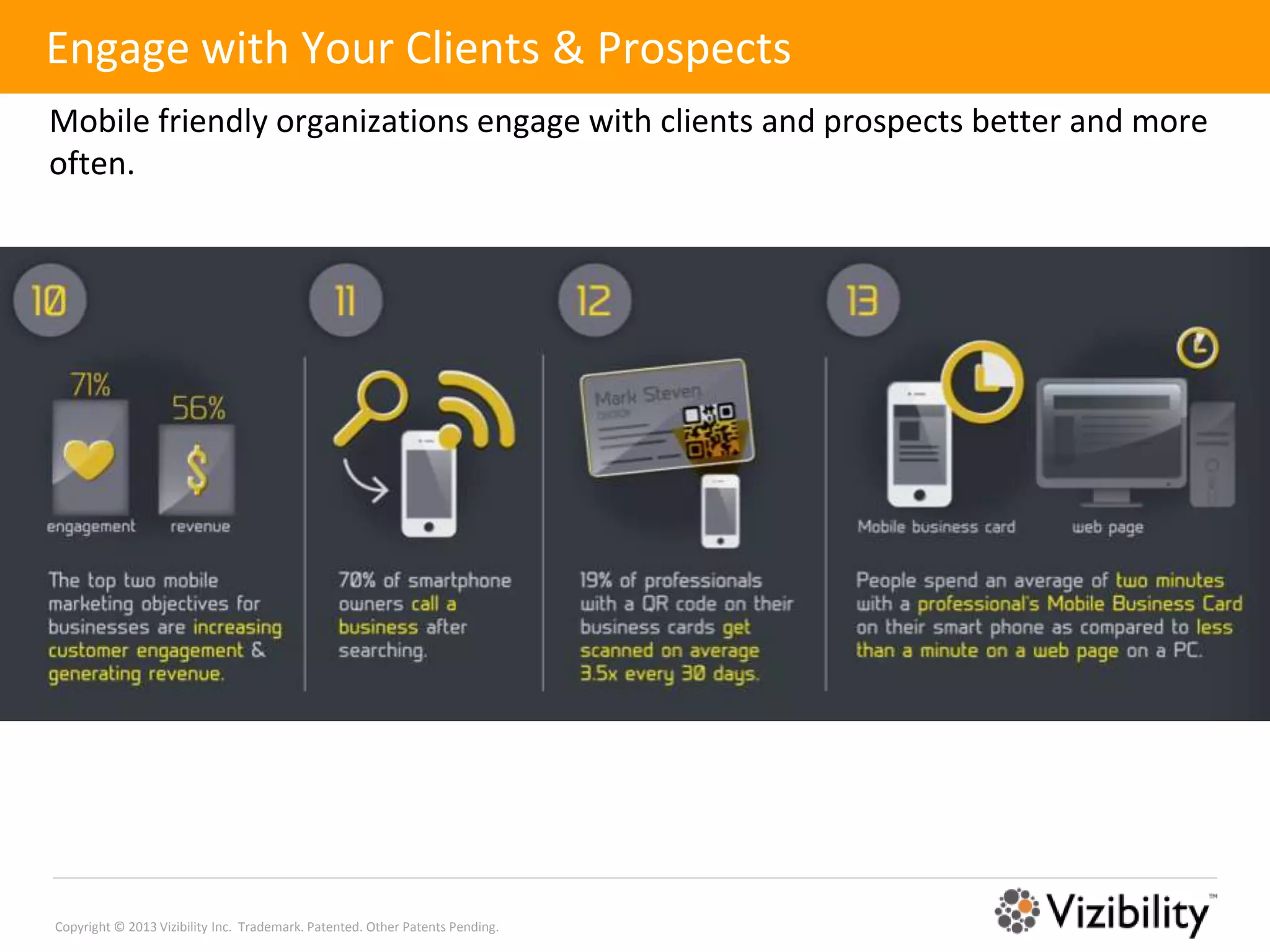 Engage with Your Clients & Prospects
Mobile friendly organizations engage with clients and prospects better and more
often.




Copyright © 2013 Vizibility Inc. Trademark. Patented. Other Patents Pending.
 