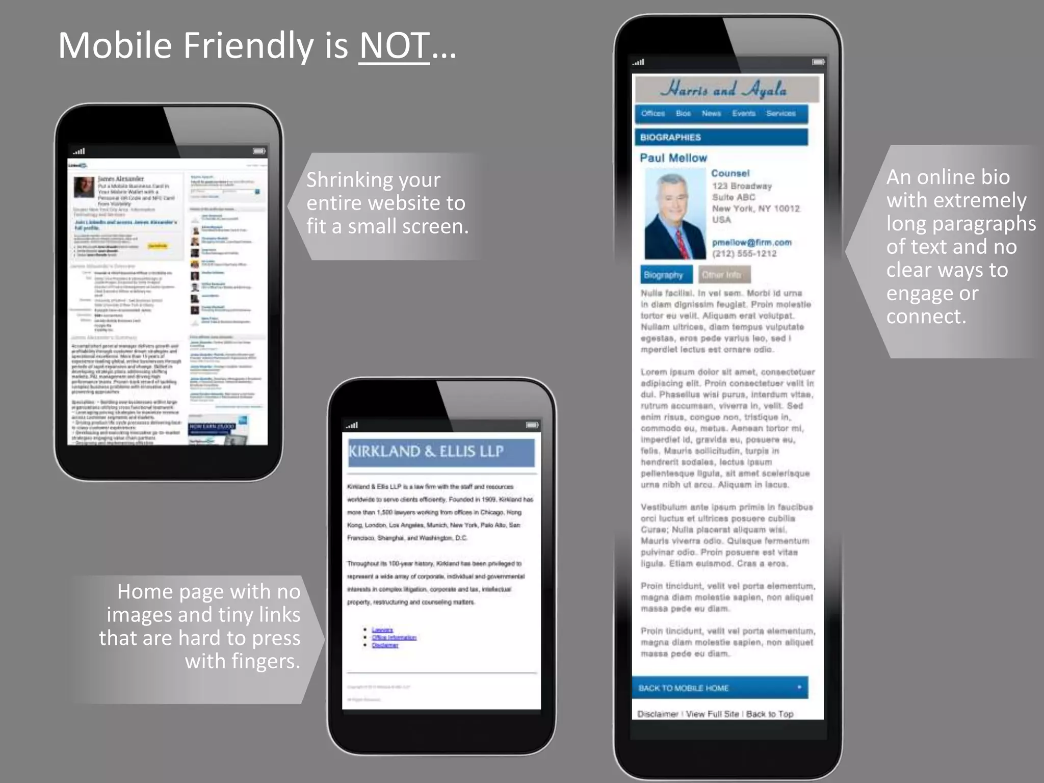 Mobile Friendly is NOT…


                                                      Shrinking your           An online bio
                                                      entire website to        with extremely
                                                      fit a small screen.      long paragraphs
                                                                               of text and no
                                                                               clear ways to
                                                                               engage or
                                                                               connect.




             Home page with no
            images and tiny links
           that are hard to press
                     with fingers.



Copyright © 2013 Vizibility Inc. Trademark. Patented. Other Patents Pending.
 