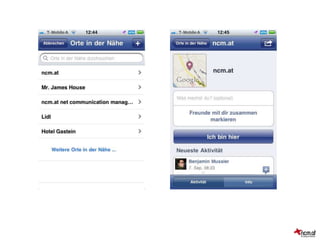 TOURISMUSBESPRECHUNGSR
UM
TOURISMUSBESPRECHUNGSRAU
M
ncm.at – Net Communication Management Gmbh
Aigner Straße 55a I 5026 Salzburg I Austira I www.ncm.at
info@ncm.at I T: +43 (0) 662 644 688 I F: +43 (0) 662 644 688-88
AGENDA
I Full Service Internet Agentur
I „online“ seit 1996
I größte touristische Internetagentur
I über 700 realisierte Projekte
I 28 feste Mitarbeiter
I über 100 Kunden im WebMarketing
 