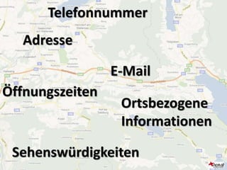 TOURISMUSBESPRECHUNGSR
UM
TOURISMUSBESPRECHUNGSRAU
M
ncm.at – Net Communication Management Gmbh
Aigner Straße 55a I 5026 Salzburg I Austira I www.ncm.at
info@ncm.at I T: +43 (0) 662 644 688 I F: +43 (0) 662 644 688-88
AGENDA
I Full Service Internet Agentur
I „online“ seit 1996
I größte touristische Internetagentur
I über 700 realisierte Projekte
I 28 feste Mitarbeiter
I über 100 Kunden im WebMarketing
Telefonnummer
Adresse
E-Mail
Ortsbezogene
Informationen
Öffnungszeiten
Sehenswürdigkeiten
 