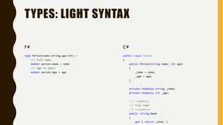 TYPES: LIGHT SYNTAX
F#
type Person(name:string,age:int) =
/// Full name
member person.Name = name
/// Age in years
member person.Age = age
C#
public class Person
{
public Person(string name, int age)
{
_name = name;
_age = age;
}
private readonly string _name;
private readonly int _age;
/// <summary>
/// Full name
/// </summary>
public string Name
{
get { return _name; }
 
