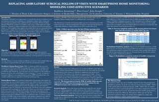 REPLACING AMBULATORY SURGICAL FOLLOW-UP VISITS WITH SMARTPHONE HOME MONITORING:
MODELING COST-EFFECTIVE SCENARIOS
Kathleen Armstrong1,2, Peter Coyte2, John Semple1,3
1. Division of Plastic & Reconstructive Surgery; 2. Institute of Health Policy, Management, and Evaluation, University of Toronto; 3. Women’s College Hospital
Introduction
Technology is identiﬁed as an opportunity to constrain the growth in healthcare costs
and eliminate barriers due to distance [1]. Ambulatory surgery offers a large and
growing patient population that could beneﬁt from technology. Women’s College
Hospital (WCH) has completed a feasibility study using a mobile application (QoC
Health Inc, Toronto) to support postoperative care in breast reconstruction patients
(Figure 1). This feasibility study suggests that mobile follow-up care adequately detects
postoperative complications and eliminates the need for in-person follow-up care.
This is concordant with other postoperative telemedicine studies that use telephone
follow-up amongst various ambulatory surgery populations [2–4].
Figure 1: QoC Health Inc Mobile Application
Objective
This study models the cost-effectiveness of replacing conventional, in-person
postoperative follow-up care with mobile follow-up care following ambulatory breast
reconstruction. A societal and narrower healthcare system perspective are presented. 
Methods
TreeAge Software is used to model cost-effective scenarios in which mobile follow-up
care replaces in-person follow-up visits over the ﬁrst postoperative month. 
Healthcare System Borne Costs (Table 1): In-person follow-up costs were
obtained from WCH and OHIP. In keeping with cost-effectiveness analysis, non-
recoupable or sunk costs are not included [5]. Smartphone follow-up costs were
provided by QoC Health Inc. Start-up ﬁxed costs were divided over the number of
patients served over the useful lifespan of the technology (≈ 5 years). A surgical e-
assessment billing fee was assigned based on actual OHIP telemedicine fees. The
variable mobile costs are equivalent to $3.50 per patient per day.
Patient Borne Costs were calculated using patient demographic information. In-
person follow-up costs include foregone leisure costs, which are based on labour force
participation rates and age-sex adjusted average Ontario wages. We presumed that a
caregiver equivalent would be present at the ﬁrst follow-up visit, and assigned a
homemaker wage ($11.28/hour) to that person [6]. The hourly rates were multiplied
by the travel time and length of the clinic visit. Travel costs were based on distance
from home postal code to WCH and Canadian Automobile Association (CAA)
Ontario-based average costs. Smartphone follow-up costs were modeled based on a
bring-your-own-device (BYOD) format. Each submission takes ≈3 minutes to enter
and uses 0.35 MB of data. In the feasibility study, patients submitted once daily for
the ﬁrst two weeks and then once weekly for the next 2 weeks. Leisure time is not
interrupted. 
In Ontario, 100 MB of data can be purchased for $10; therefore, data costs are
negligible. Patient training requires no additional time commitment. 
The effectiveness of mobile and in-person follow-up care is measured as successful
surgical outcomes at 30-days postoperative. Prospective trials from the literature in
comparable ambulatory surgery patients were used to model effect [2-4].
Table 2 demonstrates how an INB only favours in-person follow-up if a 6 percentage
point difference in effect exists between the two follow-up groups and the patient
makes < $19.00/hr (highlighted in green). This calculation uses a willingness to pay
of $100,000 USD ($109,970 CAD based on the current exchange rate) per quality
adjusted life year (QALY), and a 0.04 QALY difference between no complication and
minor skin infection, based on the literature [7].
Table 1: Follow-up costs over the ﬁrst 30 days postoperative
In-person
  
 Mobile (enroll 1000 patients/yr)
Healthcare System Costs
  
 Healthcare System Costs
Fixed Costs
  
 Fixed Costs
Compensation
 63.25 
  
 Health Centre Setup
 1.39
Equipment
 1.31 
  
 Design/Setup Procedure Prot
 6.94
Variable Costs
  
 Training
 0.44
Drugs
 0.13 
  
 Variable Costs
Other (Linens)
 2.33 
  
 Platform Licensing, Accounts
 42.00
Clinical assistant 
 6.25 
  
 Standard Support
 43.05
Surgeon Fee
 26.55 
  
 Infrastructure Hosting
 19.95
Resident
 6.44 
  
 Surgeon Fee
 22.00
Subtotal H.C. per 30D 
 $174 
  
 Subtotal H.C. per 30D
 $136
 
Patient Costs
  
 Patient Costs
Variable Costs
  
Variable Costs
Patient Leisure Time
 62.34 
  
Patient Leisure Time
 0
Caregiver Wage
 33.84 
  
Data (approx. 350 kB per 
 0
Travel (To and from clinic)
 23.24 
  
transmission with photo) 
Parking
 20.00 
  
Subtotal P.C. per 30D
 $207 
  
Subtotal P.C. per 30D
 $0
Grand Total (per 1.64 visits) 
 $381 
  
 Grand Total (per patient per 30D) 
 $136
Results
This modeling assumes that 1,000 patients are enrolled in BYOD mobile follow-up
per year and that in-person follow-up patients attend 1.64 visits within the ﬁrst month
postoperatively. It also assumes an equivalent complication rate based on the
literature [2-4]. The results of this analysis are summarized in Table 1. From a
societal perspective, in-person follow-up care is $245 CAD more expensive than
mobile follow-up care. From a healthcare system perspective, in-person follow-up is
$38 CAD more expensive. The incremental cost-effectiveness ratio (ICER) is not
reportable. The incremental net beneﬁt (INB) of mobile follow-up care
reﬂects the cost difference between the two interventions for any
willingness-to-pay value (societal INB=$245 CAD).
Scenario Analysis: Even when in-person follow-up is reduced to one visit per
patient over 30D postoperative, mobile follow-up is less costly from a societal
perspective. Mobile follow-up care remains cost equivalent to in-person follow-up
even when 100% of the mobile follow-up care patients attend one in-person visit. 
Two-way Sensitivity Analysis: Patient wage was set between a homemaker and
average age-sex adjusted per hour wage. The mobile effect was varied between a
90-96% success rate.  
Table 2: Two-way sensitivity analysis with varying patient lost leisure
time and effectiveness of mobile follow-up care
Patient Lost Leisure Time ($)
Delta Effect 
 $33.84 
 $56.98 
 $80.12 
INB @
 0.00 
 198.75
 236.70
 274.65
INB @
 -0.02
 110.77
 148.72
 186.67
INB @
 -0.04
 22.80
 60.748
 98.70
INB @
 -0.06
 -65.18
 -27.23
 10.72
Probabilistic Sensitivity Analysis (Figure 2): In all 100,000 simulations, mobile
follow-up care was cheaper than in-person follow-up care from a societal perspective.
The distributions assigned simulated 50% of scenarios where mobile follow-up was
less effective that in-person follow-up care. Scenarios that are less effective and less
costly, can still be considered cost-effective.
Note: WTP = $4,398.80 CAD per effect based on $109,970 CAD per QALY and
0.04 QALY assigned to one superﬁcial skin infection [8].
The Bottom Line
Smartphone follow-up care is suitably targeted to low-risk postoperative
ambulatory patients. It can be cost-effective from a societal (INB = $245
CAD) and healthcare system perspective (INB = $38 CAD). It remains
cost-effective from a societal perspective even when compared to minimal
in-person follow-up or even if all patients from the mobile group were to
attend one in-person follow-up. Smartphone follow-up care has the
potential to generate huge cost savings when applied to a large and
growing ambulatory surgery patient population. 
Figure 2: Probabilistic sensitivity analysis of mobile vs in-person
follow-up care
Less costly, 
more effective
Less costly, 
less effective
COI: Dr. Semple is a shareholder in QoC Health Inc. WCH REB and COI management plan approved. Funded by the CIHR e-health catalyst grant. 
Breast	
  Reconstruc-on	
   Breast	
  Reconstruc-on	
   Breast	
  Reconstruc-on	
  
 