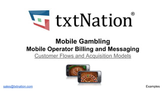 Mobile Gambling
Mobile Operator Billing and Messaging
Customer Flows and Acquisition Models

sales@txtnation.com

Examples

 