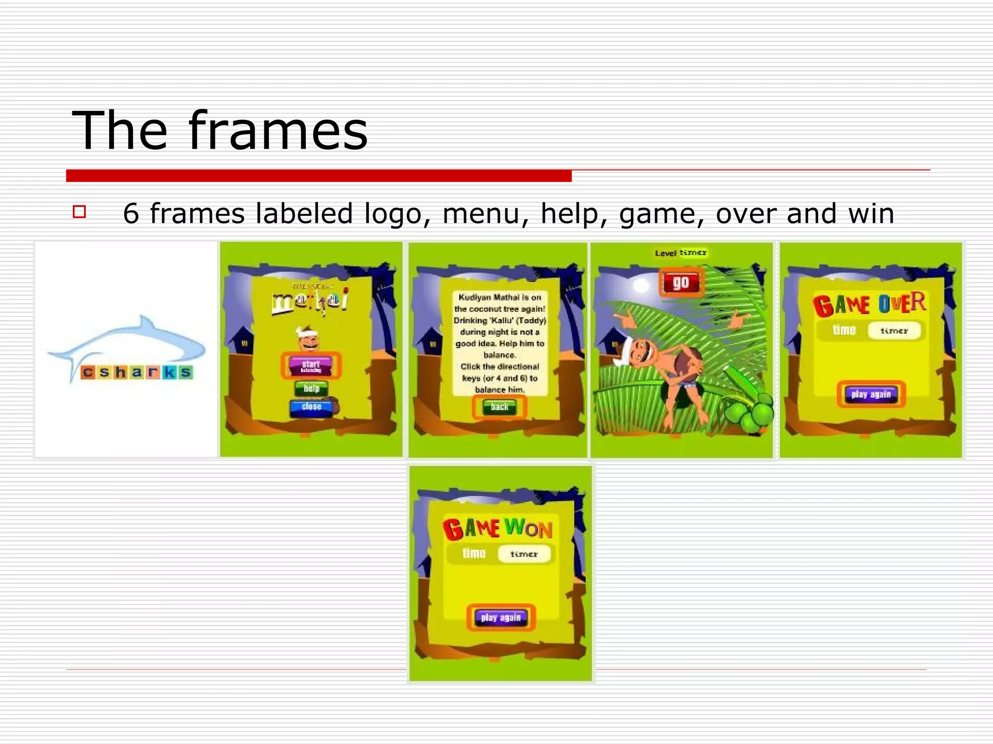 The frames 6 frames labeled logo, menu, help, game, over and win 