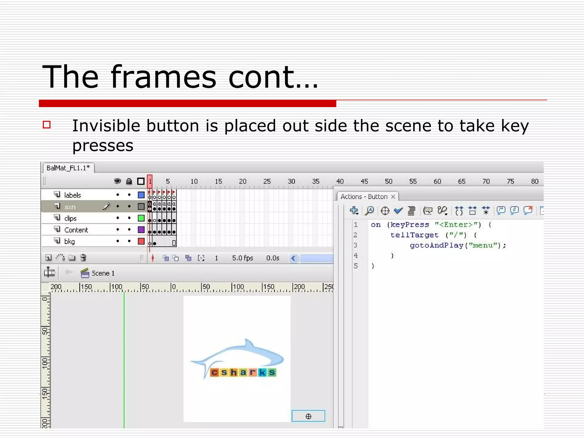 The frames cont… Invisible button is placed out side the scene to take key presses 