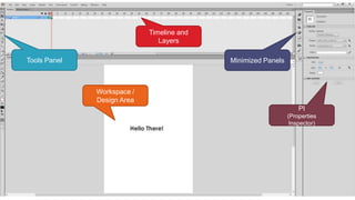 Timeline and
                               Layers

Tools Panel                                Minimized Panels



              Workspace /
              Design Area
                                                                  PI
                                                              (Properties
                                                               Inspector)
 