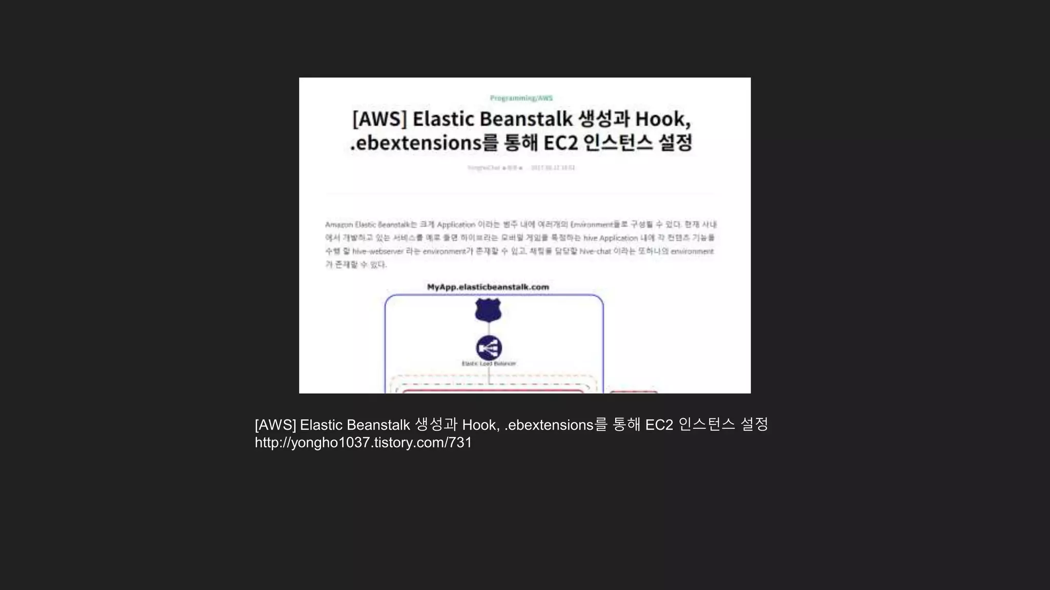 [AWS] Elastic Beanstalk 생성과 Hook, .ebextensions를 통해 EC2 인스턴스 설정
http://yongho1037.tistory.com/731
 