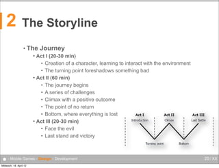 2

The Storyline
• The

Journey

Act I (20-30 min)
• Creation of a character, learning to interact with the environment
• The turning point foreshadows something bad
 Act II (60 min)
• The journey begins
• A series of challenges
• Climax with a positive outcome
• The point of no return
• Bottom, where everything is lost
 Act III (20-30 min)
• Face the evil
• Last stand and victory


● - Mobile Games - Design - Development
Mittwoch, 18. April 12

20 / XX

 