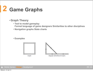 2

Game Graphs
• Graph

Theory

Tool to model gameplay
Formal language of game designers Similarities to other disciplines
 Navigation graphs State charts




Examples

● - Mobile Games - Design - Development
Mittwoch, 18. April 12

25 / XX

 