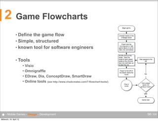 2

Game Flowcharts
• Define

the game flow
• Simple, structured
• known tool for software engineers
• Tools
Visio
 Omnigraffle
 EDraw, Dia, ConceptDraw, SmartDraw
 Online tools (see http://www.chadcreates.com/7-flowchart-tools/)


● - Mobile Games - Design - Development
Mittwoch, 18. April 12

58 / XX

 