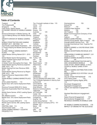 Table of Contents
Thailand          95                         Top 10 growth markets in Asia 115         Grameenphone           155
The Philippines96                            China 116                                 Indosat155
Singapore         96                         Japan 117                                 Mobicom          155
Case Study: Zipline Games        97          Korea 121                                 Vodafone New Zealand           156
ECONOMIC DRIVER OF MOBILE GAMING             Russia 123                                Mobilink         156
98                                           Australia         125                     AIS Thailand     156
Revenue Dimension in Mobile Gaming 98        India    127                              Mobile Communications Company of Iran
Tips for Making Money from Mobile Gaming     Indonesia        130                      (MCI)          157
100                                          Thailand          131                     Cellcom           157
GROWTH DRIVER OF MOBILE GAMING               Philippines      132                      MOBILE GAME PRICING              159
100                                          Malaysia          133                     Gaming Pricing Model: 360% Analysis 159
MOBILE PENETRATION AND GAMING                Singapore         134                     Average Mobile Gaming Price 160
MARKET 2011 - BEYOND 101                     Vietnam           135                     Average Download per User: 9 games Per
Asia-Pacific Leads Mobile Penetration 101    Hong Kong        136                      User161
5 Trends Shaping the Mobile Gaming Indus-    Mongolia         137                      MOBILE GAMING vs VAS REVENUE 2008-
try 102                                      New Zealand 137                           2013 162
GLOBAL MOBILE GAMING MARKET-                 Taiwan 138                                MOBILE ADVERTISING REVENUE 2015
PLACE          104                           Bangladesh       138                      163
Global Mobile Gaming Market 2011 - 2015      Sri Lanka          139                    ASIAN MOBILE GAMBLING MARKET: 3.91
104                                          Pakistan          139                     CAGR by 2015           163
Global Mobile Gamer Demographics       105   Turkey 139                                MOBILE GAMING BUSINESS STRATE-
Types of Global Game player and Social       Iran      140                             GIES          164
Game Trend      105                          Israel 140                                MOBILE GAME MONETIZATION METH-
A Global Trend: Decoupling from Apps 106     Saudi Arabia     140                      ODS: 29 BUSINESS MODELS            166
Global Mobile Gaming Revenue projection      Afghanistan      141                      CASE STUDY: ANGRY BIRDS - A SUC-
2008 -2015 107                               Iraq      141                             CESSFUL MOBILE GAME STORY
Mobile Gaming End User Revenue 2009-         Syria     141                             169
2014 107                                     UAE       142                             MOBILE GAMING DISTRIBUTION CHAN-
Global Mobile Gaming Revenue by Region       Egypt 142                                 NEL       173
2008 -2013 108                               Kazakhstan       143                      MOBILE GAMING ECO SYSTEM / VALUE
Regional Revenue Segmentation 2009 -         Kyrgyzstan       143                      CHAIN 174
2013 109                                     Uzbekistan      143                       VALUE CHAIN PARTNERSHIP          175
ASIAN MOBILE GAMING MARKETPLACE              TELCO OPERATOR ANALYSIS             144   OTA Value Chain            175
109                                          Top 15 Mobile Operators in Asia by Sub-   Intellectual Property Rights (IPR)
APAC (ASIA PACIFIC)       110                scribers144                               175
Market Size: 92% Game Deployment Ratio       China Mobile 145                          Developer Engagement               175
110                                          China Unicom 145                          Aggregator Engagement              176
Revenue Forecast 2008-2013: Game             Airtel (Bharti) 146                       Carrier and Operator Engagement
Download Supersedes Real-Time Games          Reliance Communications          147      176
111                                          Telkomsel        148
Mobile Game Genres: APAC Leading Opera-      NTT DoCoMo 148
tor 112                                      Viettel 149                               Handset Manufacturer engagement
ME (MIDDLE EAST)          113                Smart Communications149                   176
Market Size: 70% Game Deployment Ratio       VimpelCom       150                       Sales Channel Engagement     176
113                                          SingTel 150                               End-Customer Engagement     177
Revenue Forecast 2008-2013      113          Axiata Group Berhad     151               REVENUE SHARING IN MOBILE GAM
Mobile Game Genres: ME Leading Opera-        Saudi Telecom Company (STC) 151
tors 114                                     Etisalat 152                              OF MOBILE GAMING BUSINESS 178
CENTRAL ASIA 114                             Maxis 153                                 IMPACT OF BRAND IN THE SUCCESS
SOUTH EAST ASIA            115               Turkcell          153
ASIAN GAMING MARKET: COUNTRY                 Qtel     153
PROSPECT115                                  Telstra 154




    Tel/FAX: 1-877-MINDCOM (646-3266)                   Email: info@mindcommerce.com                    www.mindcommerce.com
 
