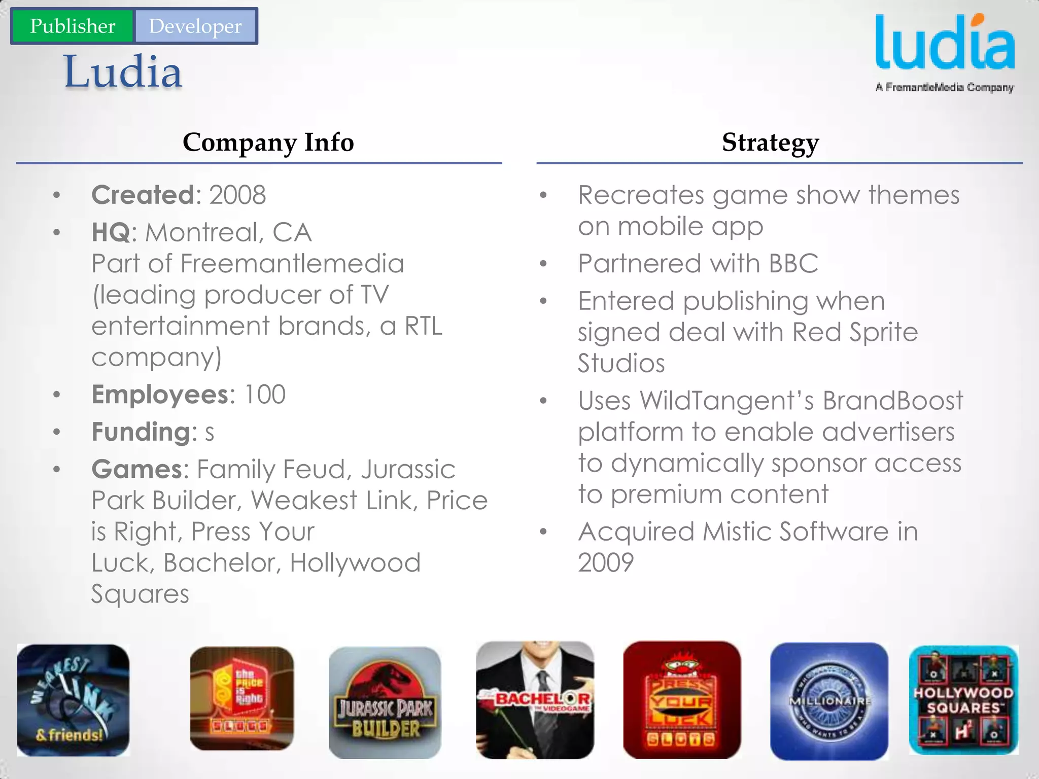 Ludia
• Recreates game show themes
on mobile app
• Partnered with BBC
• Entered publishing when
signed deal with Red Sprite
Studios
• Uses WildTangent’s BrandBoost
platform to enable advertisers
to dynamically sponsor access
to premium content
• Acquired Mistic Software in
2009
• Created: 2008
• HQ: Montreal, CA
Part of Freemantlemedia
(leading producer of TV
entertainment brands, a RTL
company)
• Employees: 100
• Funding: s
• Games: Family Feud, Jurassic
Park Builder, Weakest Link, Price
is Right, Press Your
Luck, Bachelor, Hollywood
Squares
Company Info Strategy
Publisher Developer
 