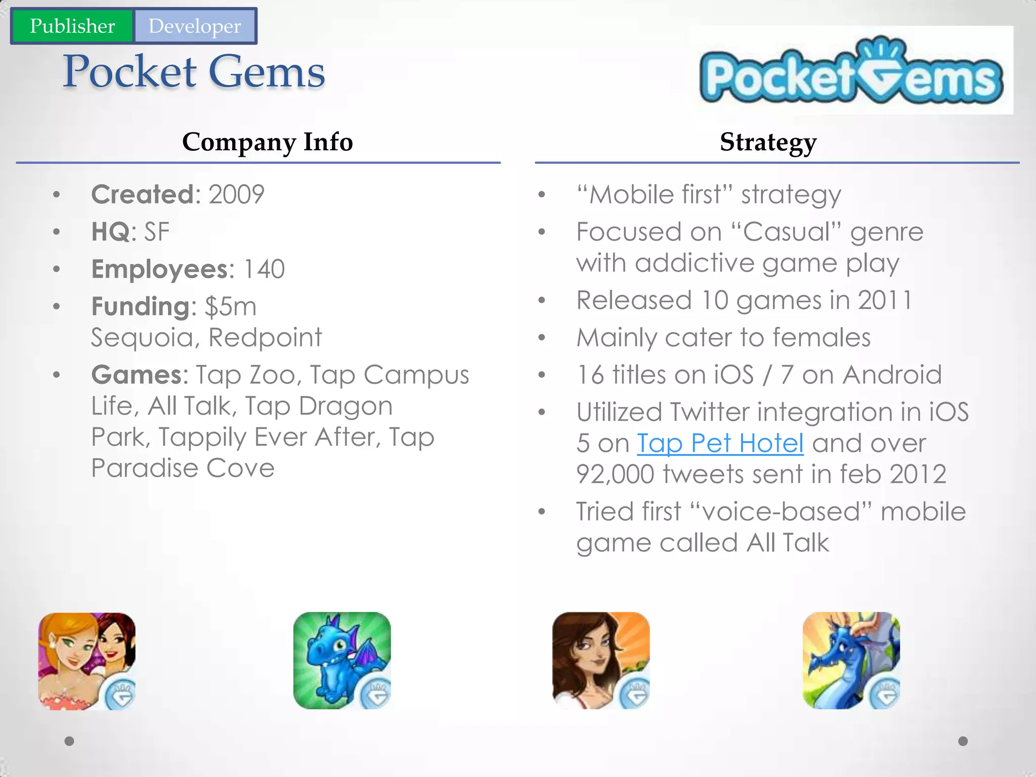 Pocket Gems
• “Mobile first” strategy
• Focused on “Casual” genre
with addictive game play
• Released 10 games in 2011
• Mainly cater to females
• 16 titles on iOS / 7 on Android
• Utilized Twitter integration in iOS
5 on Tap Pet Hotel and over
92,000 tweets sent in feb 2012
• Tried first “voice-based” mobile
game called All Talk
• Created: 2009
• HQ: SF
• Employees: 140
• Funding: $5m
Sequoia, Redpoint
• Games: Tap Zoo, Tap Campus
Life, All Talk, Tap Dragon
Park, Tappily Ever After, Tap
Paradise Cove
Company Info Strategy
Publisher Developer
 
