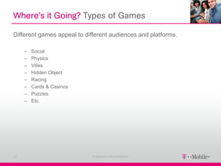 Where’s it Going? Types of Games

Different games appeal to different audiences and platforms.

     –   Social
     –   Physics
     –   Villes
     –   Hidden Object
     –   Racing
     –   Cards & Casinos
     –   Puzzles
     –   Etc.




11                           Proprietary and Confidential
 