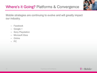 Where’s it Going? Platforms & Convergence

Mobile strategies are continuing to evolve and will greatly impact
our industry.

     –   Facebook
     –   Google +
     –   Sony Playstation
     –   Microsoft Xbox
     –   Online
     –   PC




12                            Proprietary and Confidential
 