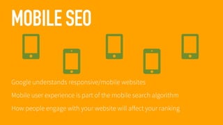 MOBILE SEO
Google understands responsive/mobile websites
Mobile user experience is part of the mobile search algorithm
How people engage with your website will affect your ranking

 