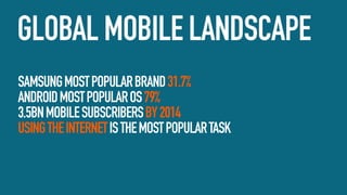 GLOBAL MOBILE LANDSCAPE
SAMSUNG MOST POPULAR BRAND 31.7%
ANDROID MOST POPULAR OS 79%
3.5BN MOBILE SUBSCRIBERS BY 2014
USING THE INTERNET IS THE MOST POPULAR TASK

 