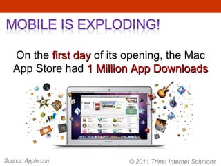 On the  first day  of its opening, the Mac App Store had  1 Million App Downloads Source: Apple.com © 2011 Trinet Internet Solutions 